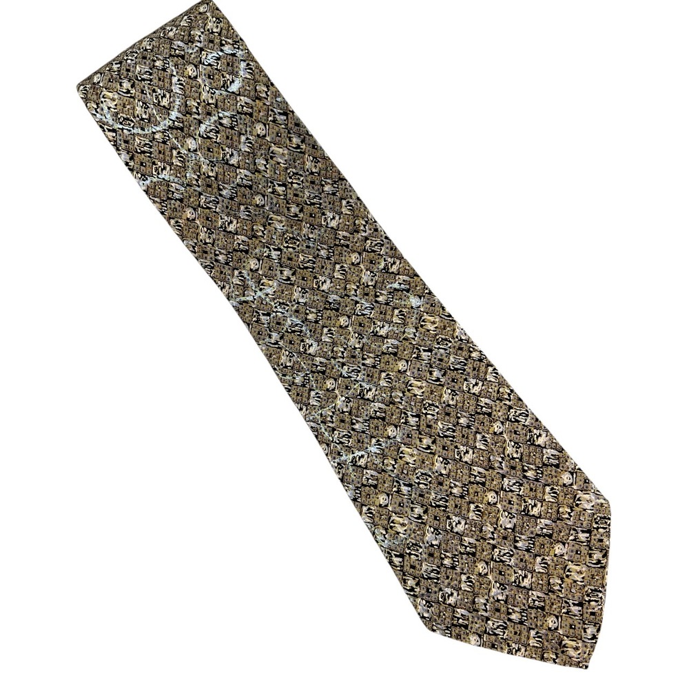 Brioni Men’s Tie 100% Silk Made in Italy Gold Brown‎ Geometric Pattern